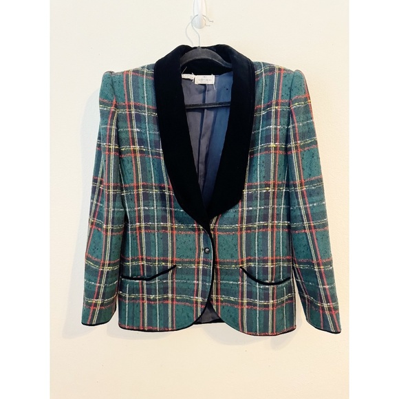 Valentino Vintage Wool Tweed and Velvet Blazer Green Black 10
